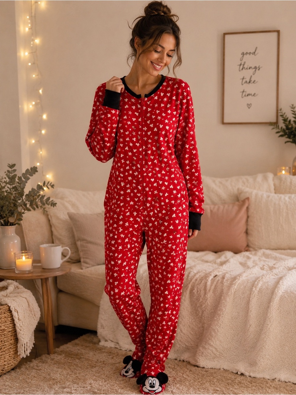 Disney Mickey Mouse Footed Onesie Pajamas Red Fleece Adult Size L